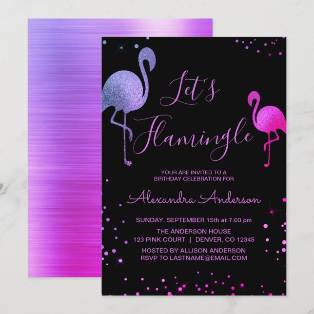 Lila Rosa Foil Låt oss Flamingle - Flamingo Inbjudningar (Fram/baksida)