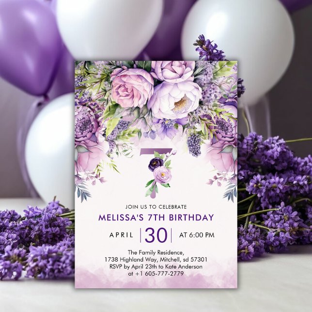 Lila & Rosa Garden Flowers Girl 7:e Birthday Inbjudningar (Purple & Pink Garden Flowers Girl 7th Birthday Invitation)