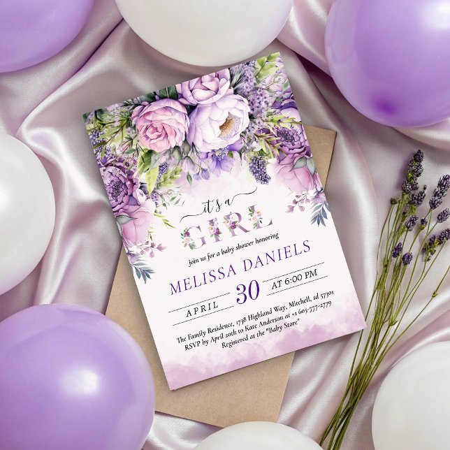 Lila & Rosa Garden Flowers Girl Baby Shower Inbjudningar (Purple & Pink Garden Flowers Girl Baby Shower Invitation)