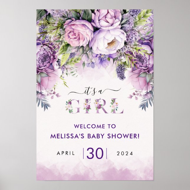 Lila & Rosa Garden Flowers Girl Baby Shower Poster (Framsidan)