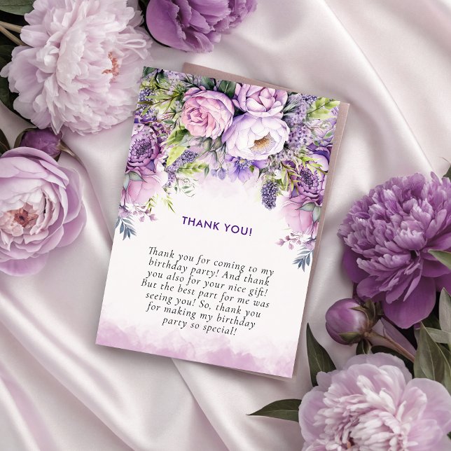 Lila & Rosa Garden Flowers Girl Birthday Tack Kort (Purple & Pink Garden Flowers Girl Birthday Thank You Card)