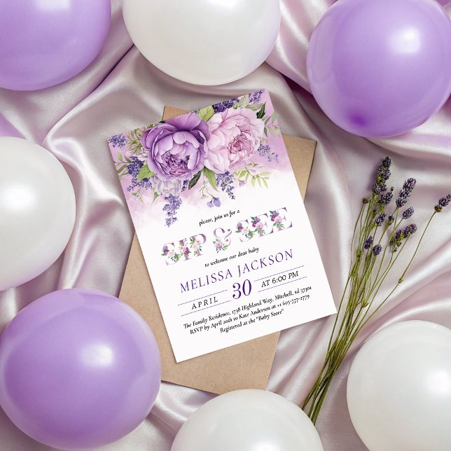 Lila & Rosa Garden Flowers Girl Sip and see Inbjudningar (Purple & Pink Garden Flowers Girl Sip And See Invitation)