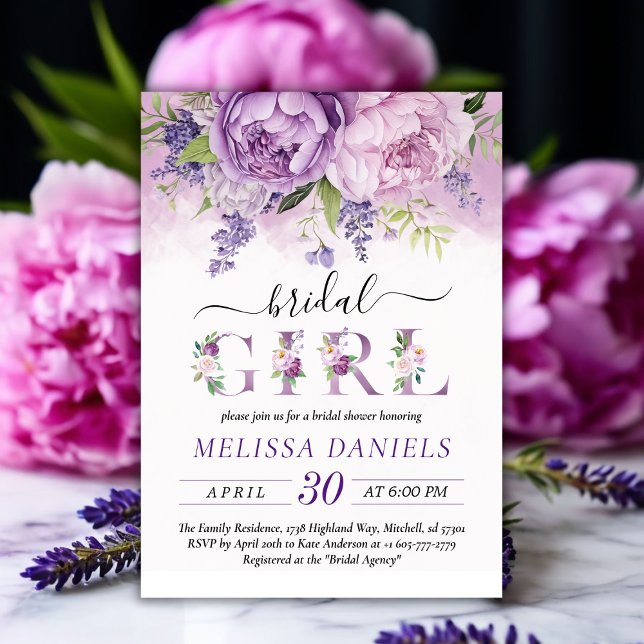 Lila & Rosa Garden Flowers Möhippa Girl Inbjudningar (Purple & Pink Garden Flowers Bridal Shower Girl Invitation)