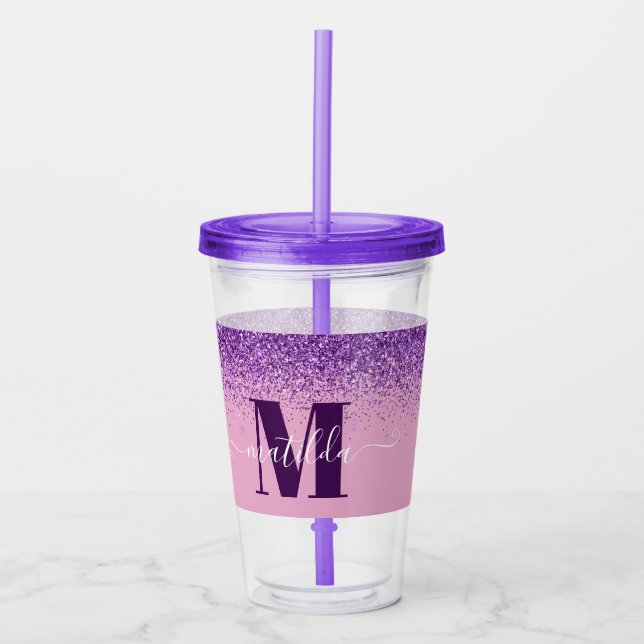 Lila rosa, gigantiskt modernt glitter gnistra mono take away mugg (Framsida)