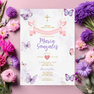 Lila & Rosa Girl First Heliga Communion Butterfly Inbjudningar