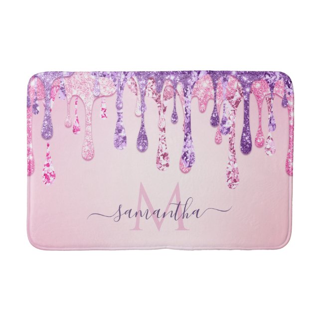 Lila Rosa Glam Glitter Dripping Monogrammed Namn Badrumsmatta (Framsidan)