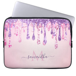 Lila Rosa Glam Glitter Dripping Monogrammed Namn Laptop Fodral
