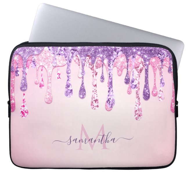 Lila Rosa Glam Glitter Dripping Monogrammed Namn Laptop Fodral (Framsidan)