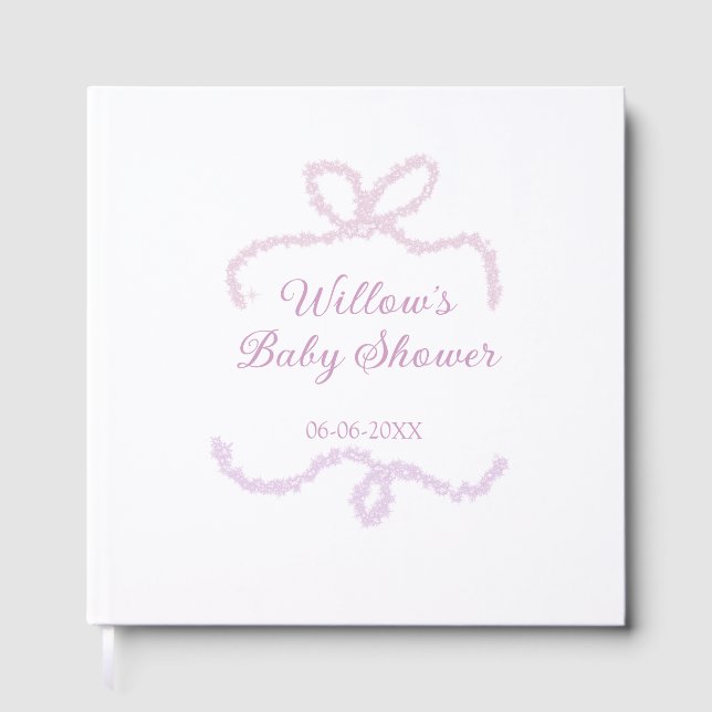 lila rosa glitter båge baby shower namn datum eleg gästböcker (Framsida)