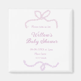 lila rosa glitter båge baby shower namn datum eleg magnet