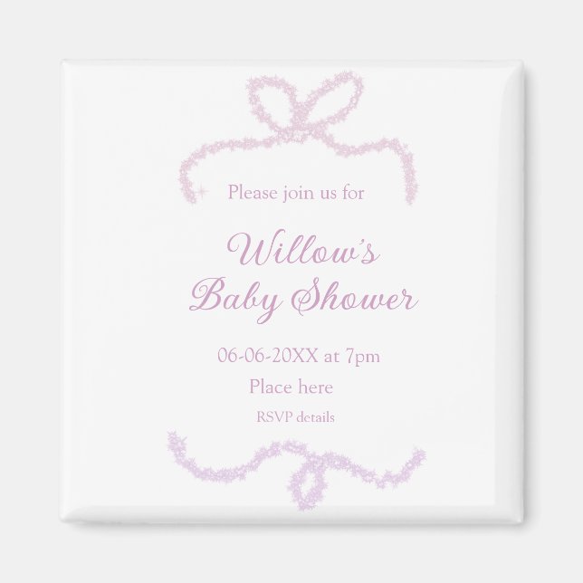 lila rosa glitter båge baby shower namn datum eleg magnet (Framsidan)