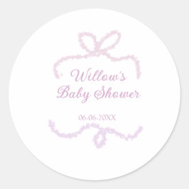 lila rosa glitter band baby shower namn datum eleg runt klistermärke