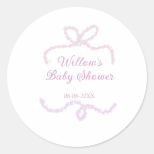 lila rosa glitter band baby shower namn datum eleg runt klistermärke