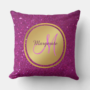 Lila Rosa Glitter Brushed Metall Monogram Namn Kudde