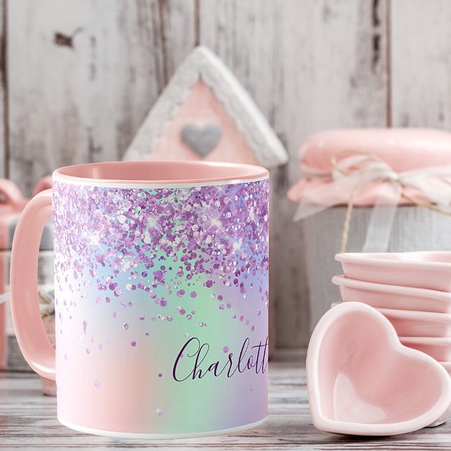 Lila rosa glitter damm holografisk namn skrift mugg (Skapare uppladdad)