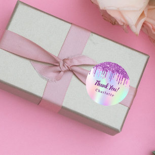 Lila rosa glitter dropp på födelsedag tack vare di runt klistermärke