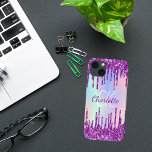 Lila rosa glitter droppar holografisk namn<br><div class="desc">En regnbåge,  enhörnigsbakgrund med färgad. Dekorerad med rosa och lila faux glitter drops,  färgdroppstift. Anpassa och lägg till ditt namn och monogram initialer,  lila och vitt brev.</div>