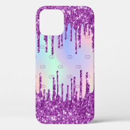 Lila rosa glitter droppar holografiskt monogram