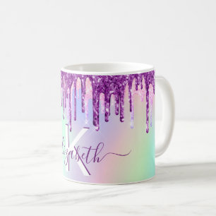 Lila rosa glitter droppar holografiskt monogram kaffemugg