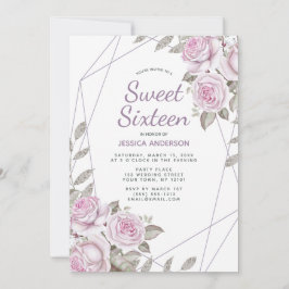 Lila Rosa Glitter Silver Geometrisk Sweet sixteen Inbjudningar