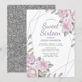 Lila Rosa Glitter Silver Geometrisk Sweet sixteen Inbjudningar