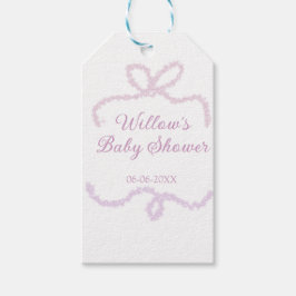 lila rosa glitterbåge baby shower namn datum eleg presentetikett