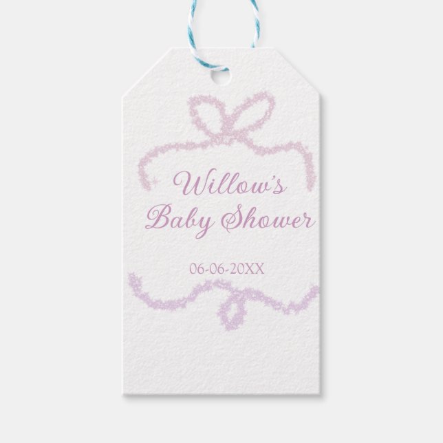 lila rosa glitterbåge baby shower namn datum eleg presentetikett (Framsidan)