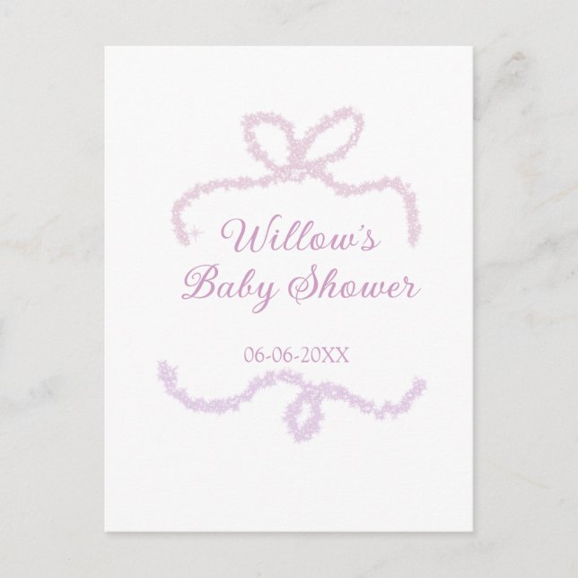 lila rosa glitterbåge baby shower namn datum eleg vykort (Framsida)