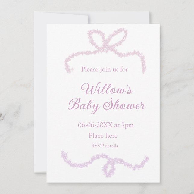 lila rosa glitterbåge baby shower namn datum elega inbjudningar (Framsida)