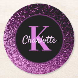 Lila rosa glittermonogramnamn underlägg papper rund