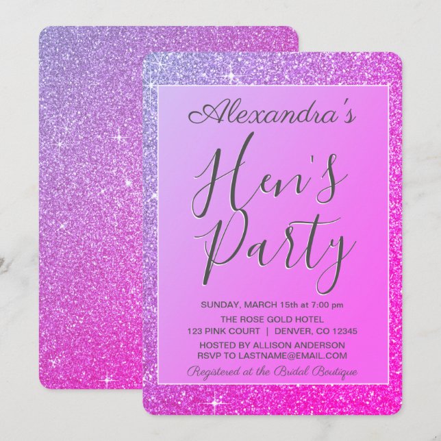 Lila Rosa Gnistra Glitter Hens Party Inbjudningar (Fram/baksida)