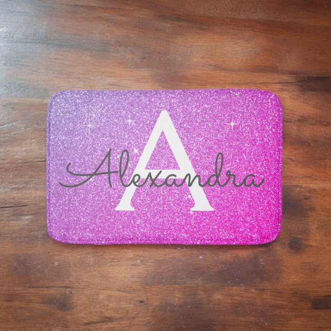 Lila Rosa Gnistra Glitter Monogram Namn Badrumsmatta (Skapare uppladdad)