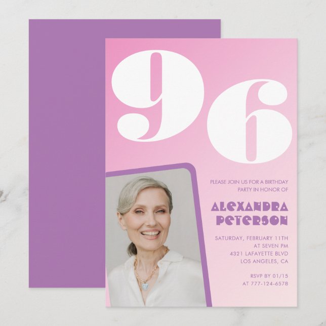 Lila rosa gradientfoto 96-årsdag inbjudningar (Fram/baksida)