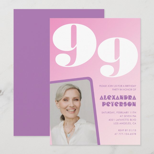 Lila rosa gradientfoto 99-årsdag inbjudningar (Fram/baksida)