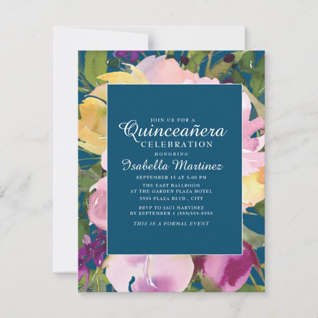 Lila Rosa Gul Blommig Marinblå Quinceañera Inbjudningar (Framsida)