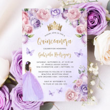 Lila Rosa Guld Blommig Akvarell Quinceañera-inbjud