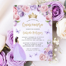 Lila Rosa Guld Blommig Akvarell Quinceañera-inbjud Inbjudningar