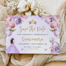 Lila Rosa Guld Blommig Akvarell Quinceañera Spara Datumet