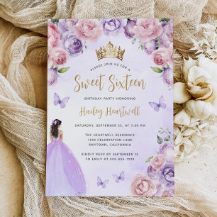 Lila Rosa Guld Blommig Akvarell Sweet 16-fest Inbjudningar