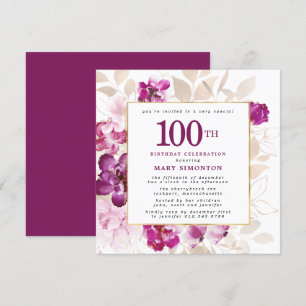 Lila Rosa Guld Blommigt 100:e födelsedagen Inbjudningar