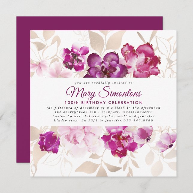 Lila Rosa Guld Blommigt 100:e Födelsedagsfesten Inbjudningar (Fram/baksida)