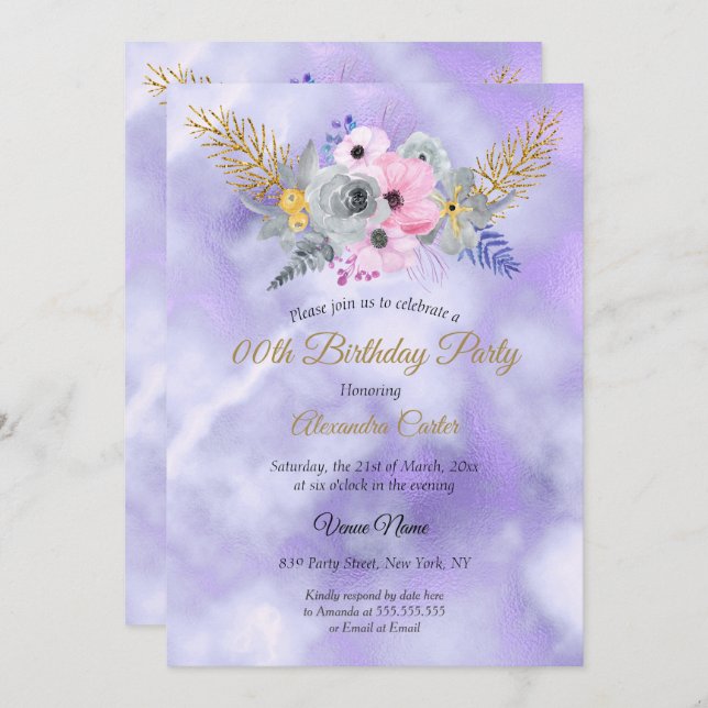 Lila Rosa Guld Blommigt Bouquet Födelsedagsfest Inbjudningar (Fram/baksida)