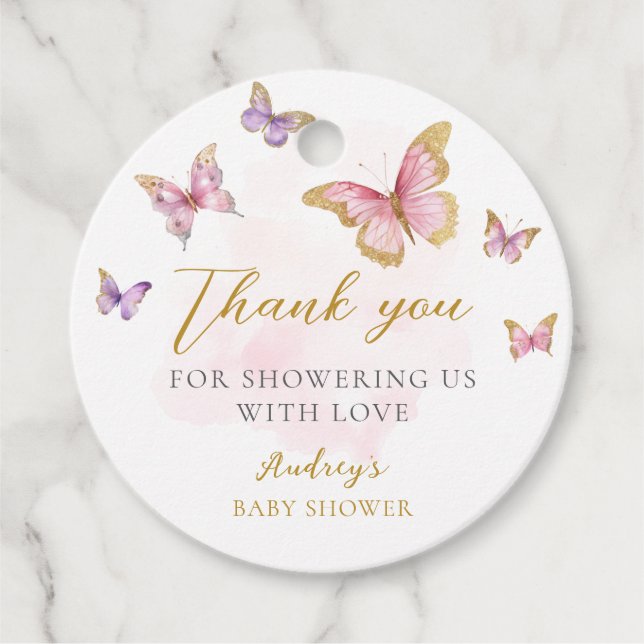 Lila Rosa Guld Butterfly Girl Baby Shower Gåvor Etiketter (Framsida)