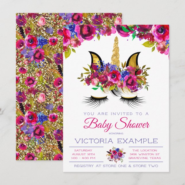 Lila Rosa Guld Enhörning Baby Shower Inbjudningar (Fram/baksida)