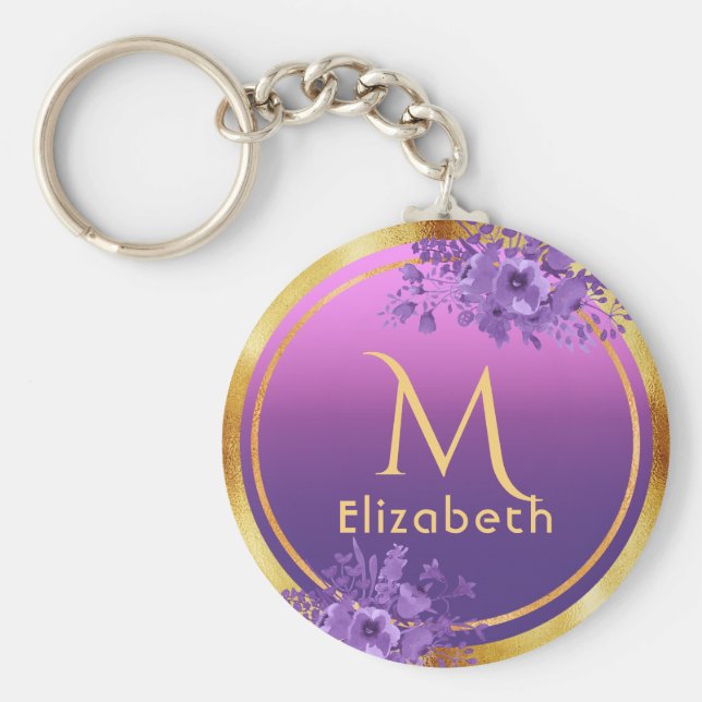 Lila rosa guld glam monogram namn nyckelring (Framsidan)