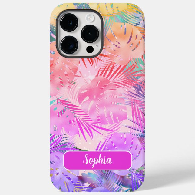 Lila Rosa Guld Teal Tropical Löv, Script Namn (Baksida)