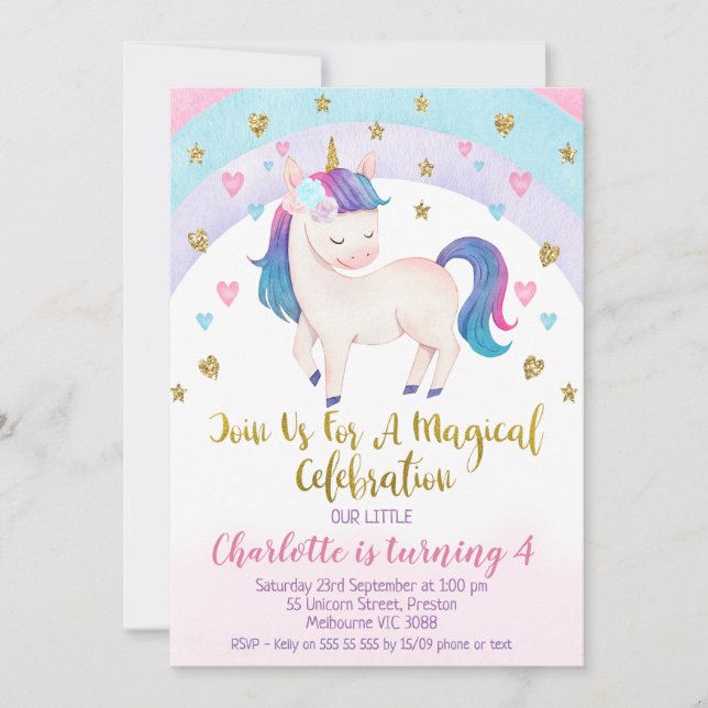 Lila Rosa Guld Unicorn Birthday-inbjudan Inbjudningar (Framsida)