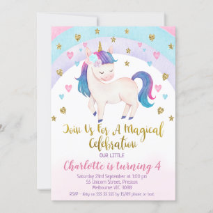 Lila Rosa Guld Unicorn Birthday-inbjudan Inbjudningar