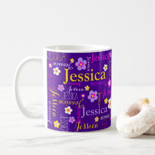 Lila rosa gult - eget namn jessica kaffemugg