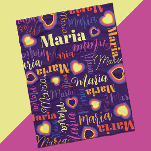 Lila rosa gult Flickor namn Maria hjärtan Fleecefilt